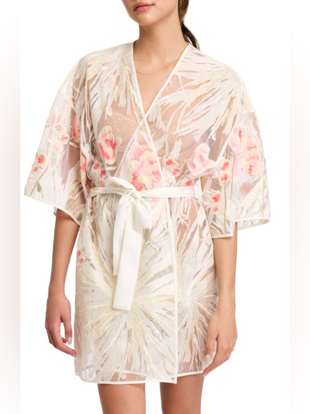 Rya‎ Collection Tamara Bridal Cover Up Robe Ivory Floral Tie Waist XS/S NWT